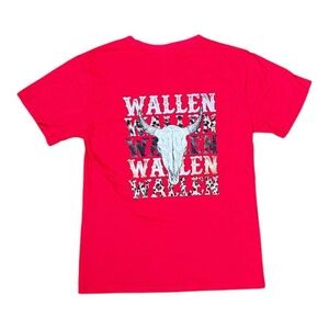 Vibrant Red Short Sleeve Tee with Graphic Design. Fits more like a mens small